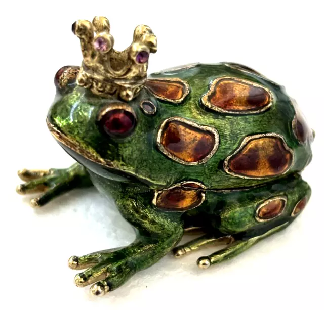 VTG MONET Crown Prince Frog Trinket Box Hinged Enamel Cloisonné Type Embossing