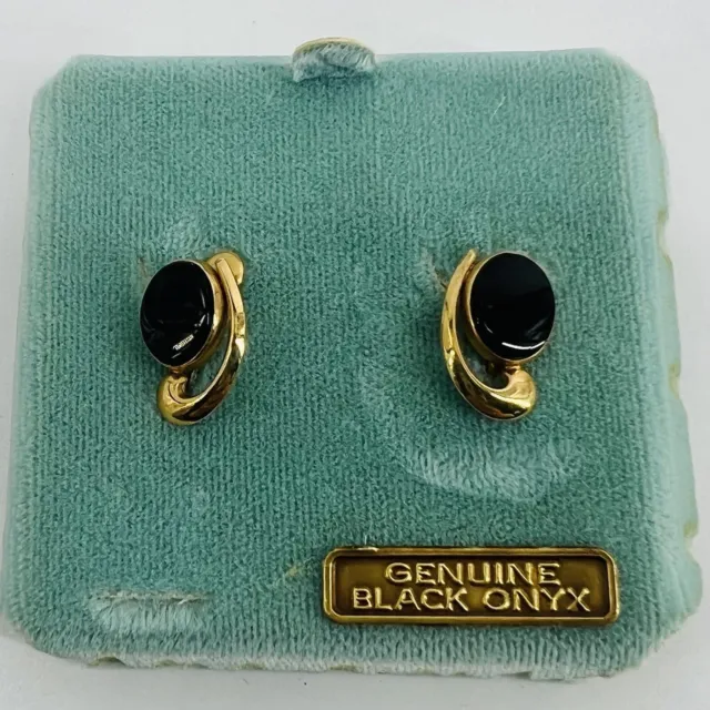 Vintage VAN DELL Gold  filled Onyx Clip earrings NOS