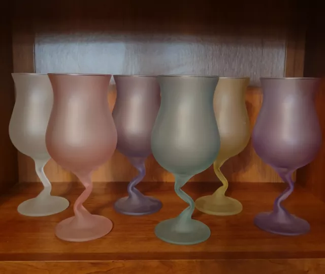 Set Of 6 Frosted Libbey Wine Glasses Goblets Z Stem  Pastel Colors