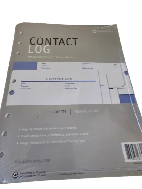 Franklin Covey Contact Log 50 Sheets Pack Monarch Size 8.5”x11” Sealed