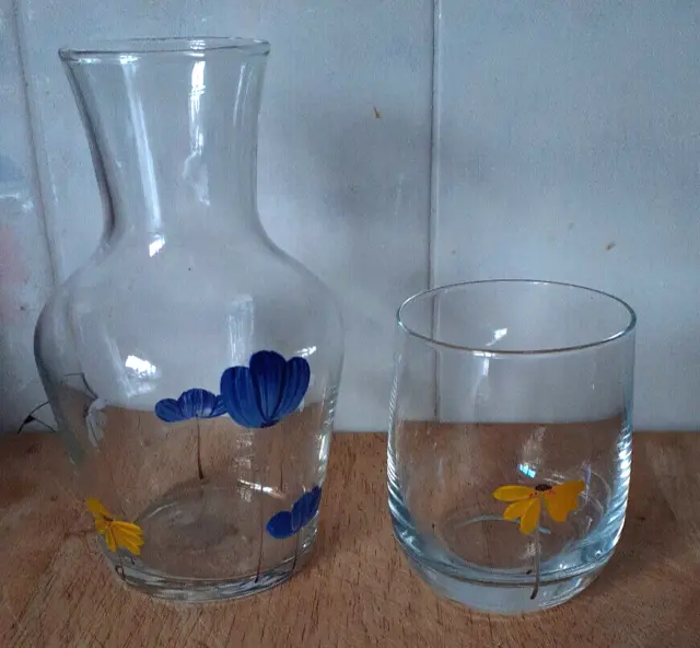1 Set Bedside Night Water Carafe Glass Set with Tumbler Glass Blue Yellow Floral
