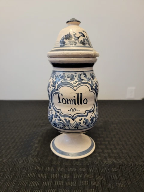 Antique Ceramic Apothecary Jar Tomillo With Blue & White Design Antique Ceramic Apothecary Jar Tomillo With Blue & White Design