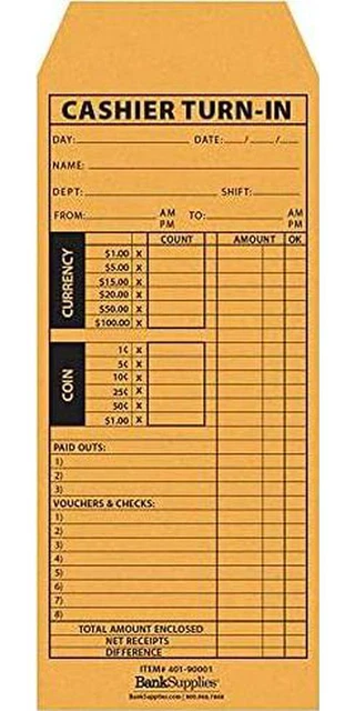 Bank Supplies Cashier Turn in Envelope 500 Envelopes Moisten and Seal Closure