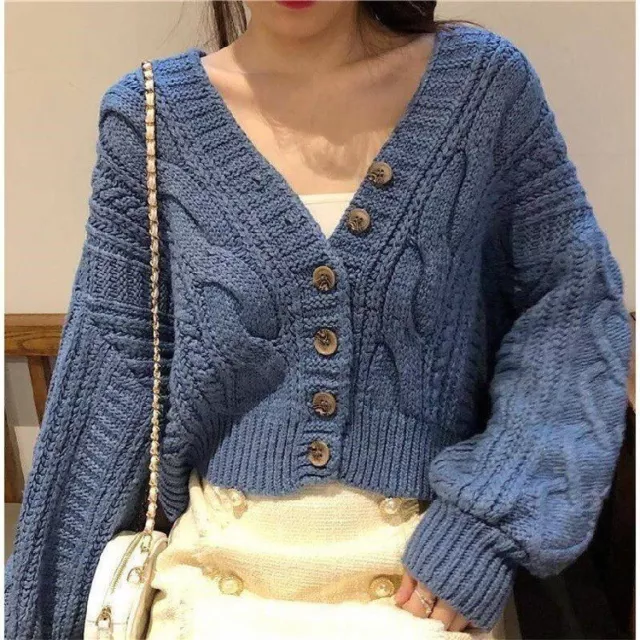 Womens Korean Loose Fashion V Neck Single Breasted Long Sleeves Knitted Cardigan