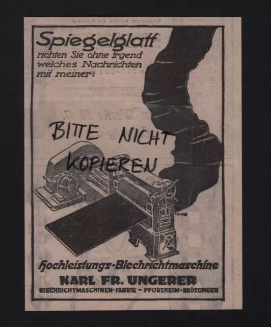 PFORZHEIM-BRÖTZINGEN, Werbung 1928, Karl Fr. Ungerer Blechricht-Maschinen-Fabrik