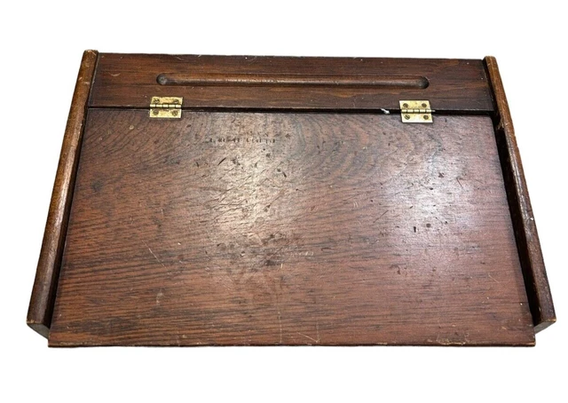 Vtg WOODEN WRITING DESK box Slant Top Hinged Lid document box Writers Box Maine