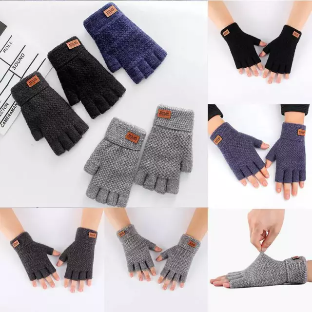 Cold Thermal Warm Thinsulate Knitted Winter Wolly Mitts Mens Fingerless Gloves