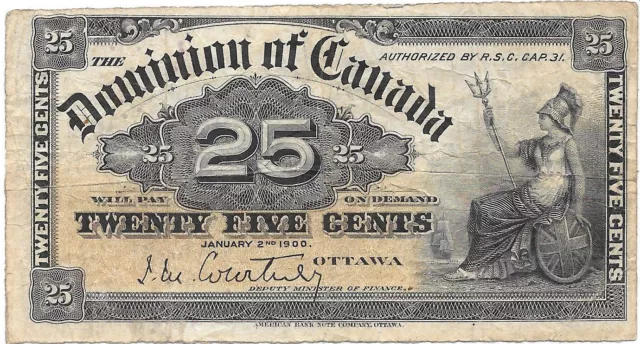 1900 Dominion of Canada 25 Cent Note, Shinplaster, Courtney, Circulated