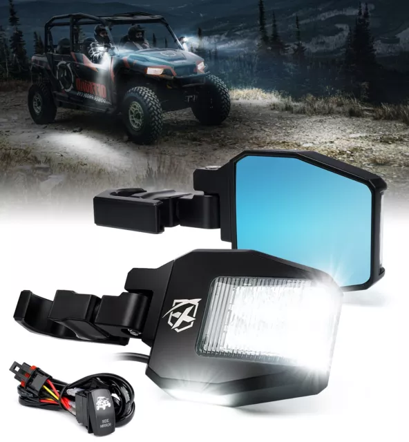 Xprite UTV LED Side View Mirrors w/ Puddle Lights Fit 1.75"-2 Inch Roll Cage Bar