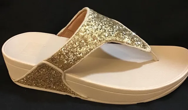 Fitflop Lulu Shimma Glitter Toe-Thong  Platino Gold Size Us 6