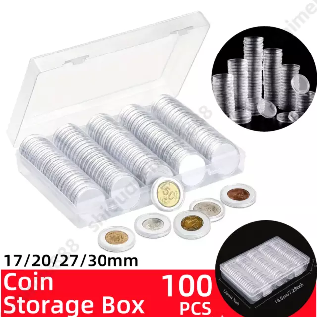 100pcs Coin Storage Box Case Capsules Holder Clear Round Plastic 17/20/27/30mm