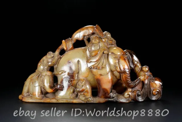 12" Rare Chinese Old Hetian Yellow Jade Carving Child Animal Elephant Sculpture