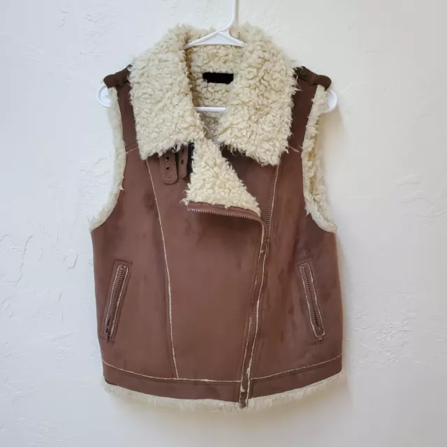 Steve Madden Faux Suede Shearling Bomber Vest  Womens Small Brown Cream