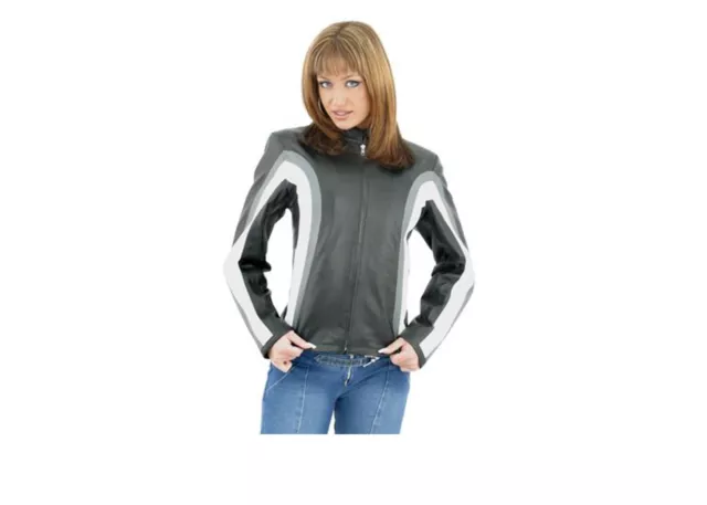 Motorcycle Women's Black Leather Biker Fashion Jacket W/ Gray & White Stripes