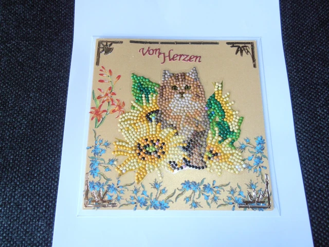 Diamond-Painting Grußkarte Katze Mit Blumen Handarbeit Aktionspreis 3,50€