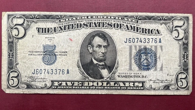1934 A Five Dollar Silver Certificate $5 Bill Blue Seal Note Circulated #59005