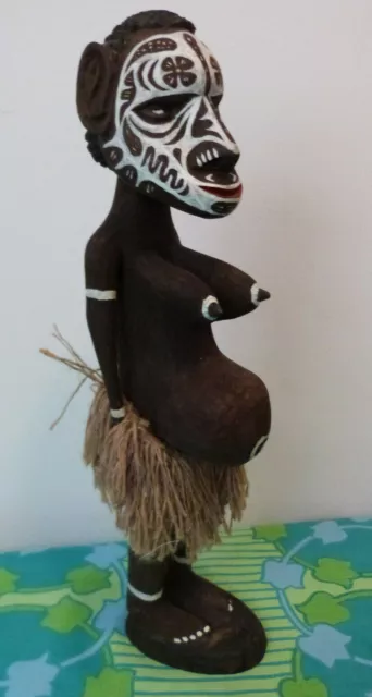 Tribal Fertility  Statue Oceanic PNG Wood Carved Female with  Grass Skirt