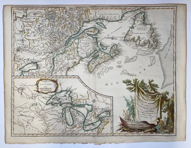 Canada Great Lakes Nouvelle France 1750 Robert De Vaugondy Large Antique Map