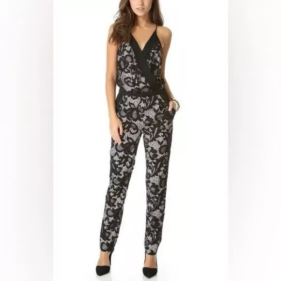 Diane Von Furstenberg Shany Abstract Floral Lace Jumpsuit in Black Nougat Size 4