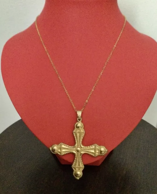 Belle Grande Ancienne Croix Collier Chaine, Pendentif En Plaqué Or 2