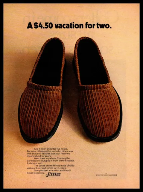 1970 Jiffies Squire Men's Corduroy Slippers "A $4.50 Vactation For Two" Print Ad