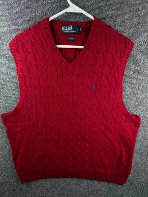 Polo Ralph Lauren Sweater Vest Men Red Cotton Cable Knit Blue Pony 2XL Adult