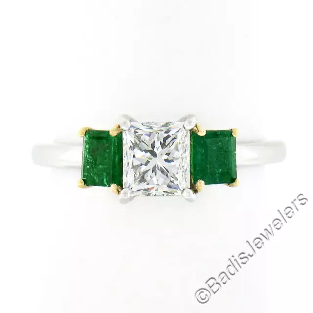 NEW Platinum 18k Gold 1.64ct GIA Princess Diamond w/ Square Emerald 3 Stone Ring