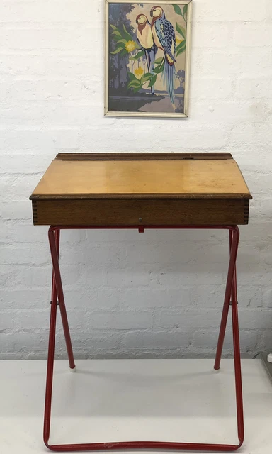 Scrivania scuola vintage / singola / interna dipinta / gambe in metallo rosso / pieghevole
