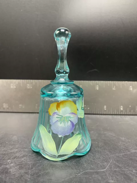 SIGNED Fenton Handpainted Green Blue Turquoise Bell Label Pansies Flower 4-1/4"