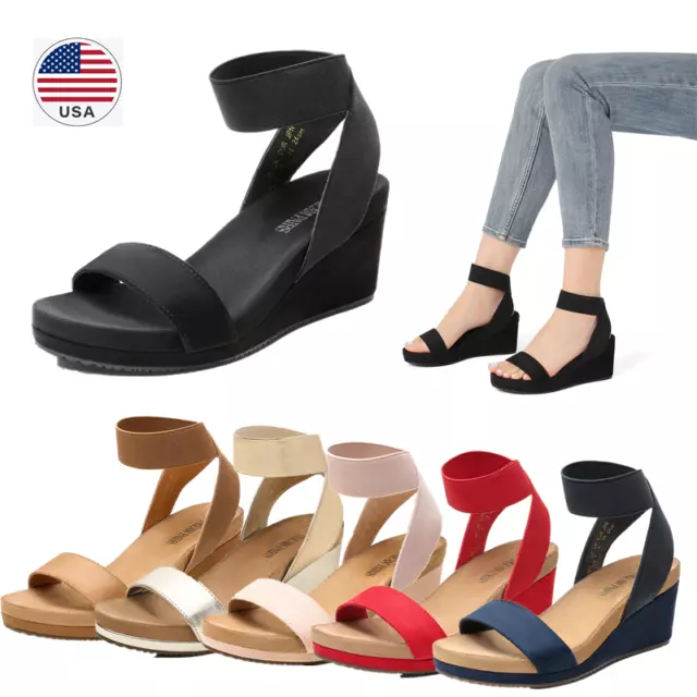 Women Platform Wedge Sandals Elastic Ankle Strap Open Toe Casual Shoes US SIZE
