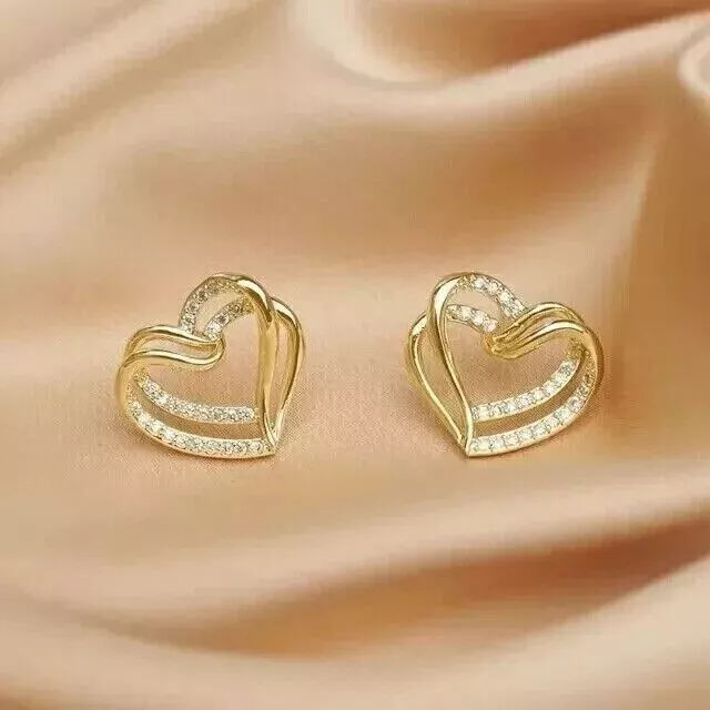 1.34Ct Round Simulated Diamond Lovely Heart Stud Earrings 14K Yellow Gold Plated