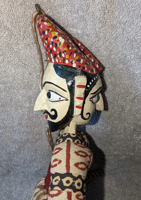 24" tall vintage wooden man woman 2 face puppet Indonesian?  Indian? Burmese?