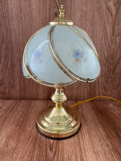VTG Touch Sensitive Night Lamp White Glass Shade Panel w/ Blue Flowers/Brass 14"