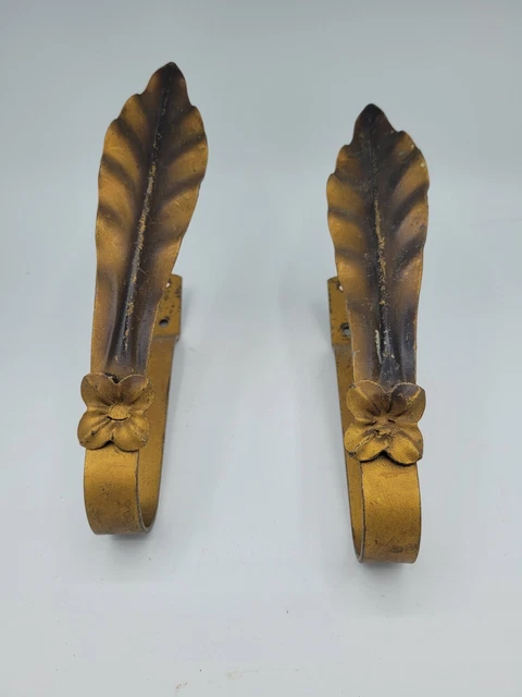 VINTAGE 40s ART DECO METAL CURTAIN  DRAPERY TIE BACKS  FEATHER SET OF 2