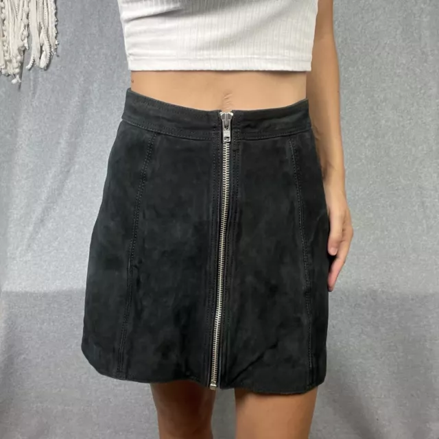 Sportsgirl Genuine Leather Skirt 6 XS Black Suede Front Zip Mini High Waisted 2