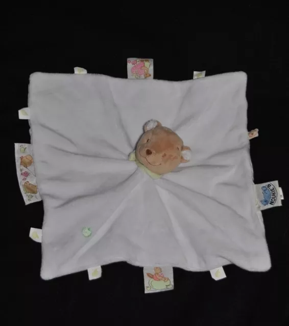 Peluche Doudou Ours Plat Blanc NOUKIES NOUKIE'S Pomme Verte Brodée Etat NEUF