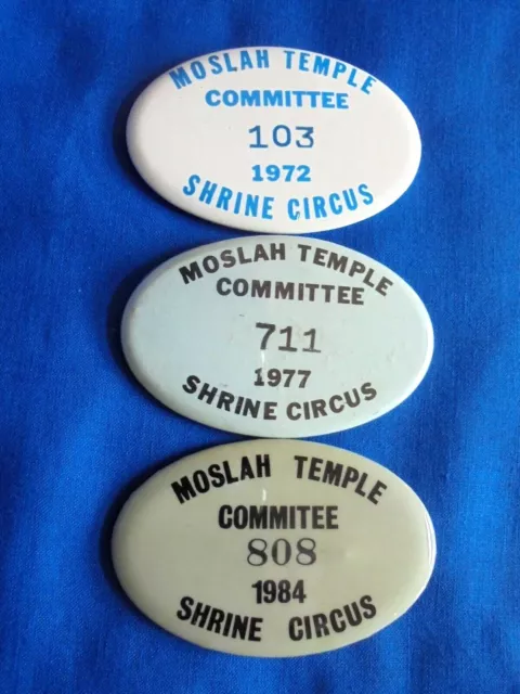 Vintage Lot of 3 Vintage Moslah Temple Shrine Circus Worker Pinback ID Badges