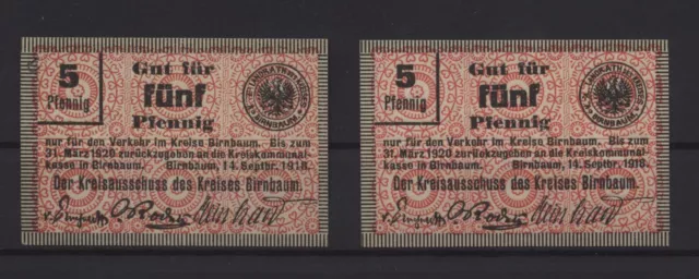 [13550a] - 2 x NOTGELD BIRNBAUM (heute: Międzychód), Stadt, 2 x 5 Pf - je mit un