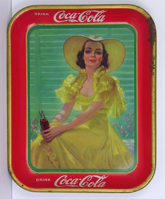 1938 Coca-Cola Tin Lithograph Advertising Tray Lady In Yellow Dress Coke Tray