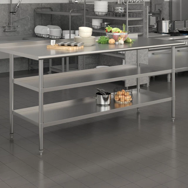 Stainless Steel 18 Gauge Work Table with 1.5" Backsplash and 2 Undershelves - 72