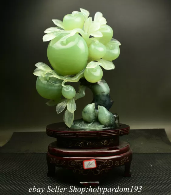 16" Chinese Natural Green Xiu Jade Carved Fengshui Apple tree Birds Statue