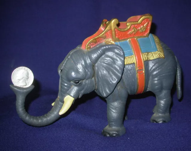 vtg Cast Iron Mechanical Elephant Bank with Howdah working 8" x 5" trunk up down