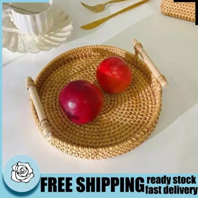 Handmade Rattan Storage Tray with Wooden Handle Wicker Basket for Cake (S)