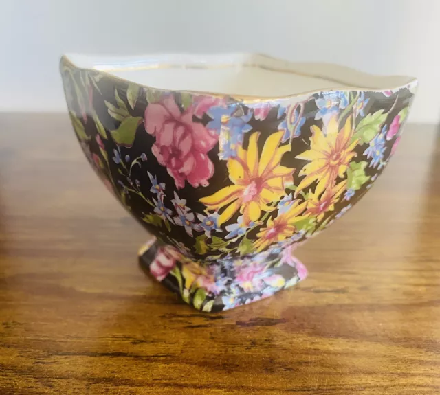 Vintage Royal Winton Chintz Black Floral Open Sugar Bowl