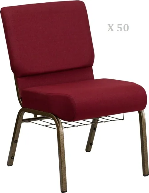50x Burgundy 21'' Wide Church Chairs Gold Frame Book Rack 4” Seat Pad 800 Lb