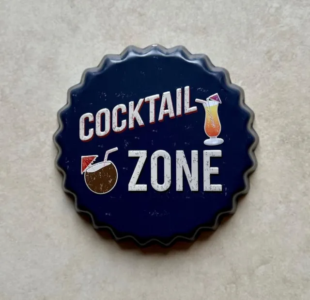 COCKTAIL ZONE EMBOSSED METAL BOTTLE TOP WALL SIGN 13cm MAN CAVE VINTAGE RETRO