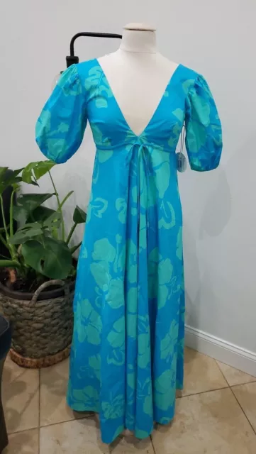 NWT STAUD Blue Floral 🌺 Puff Sleeve Bohemian Sundress Maxi Dress Sz Xs