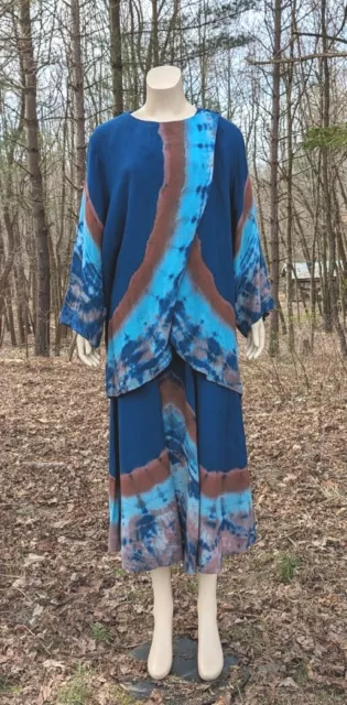 Vtg Carole Dolighan 2pc Jacket Top & Skirt Hand Dyed Flowy Rayon Blue L