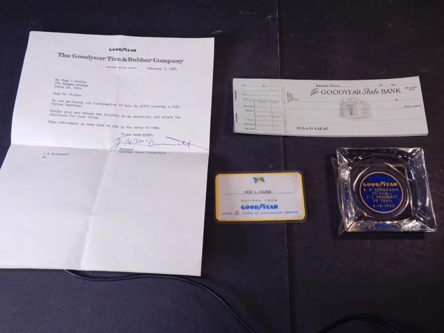 Vintage 1952 Lot of Goodyear Tire Employee Items Ashtray, Checks, Card, Letter