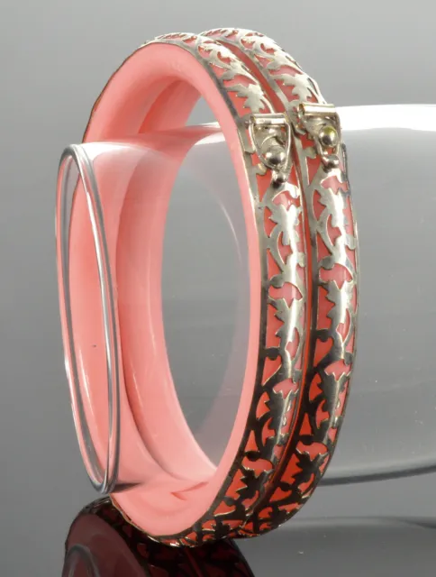 Vtg Art Deco Pair Of Carved Sterling Bands On Plastic Bangle Bracelets